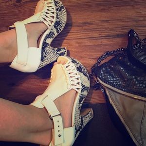Jeffrey Campbell white / snakeskin platform heels